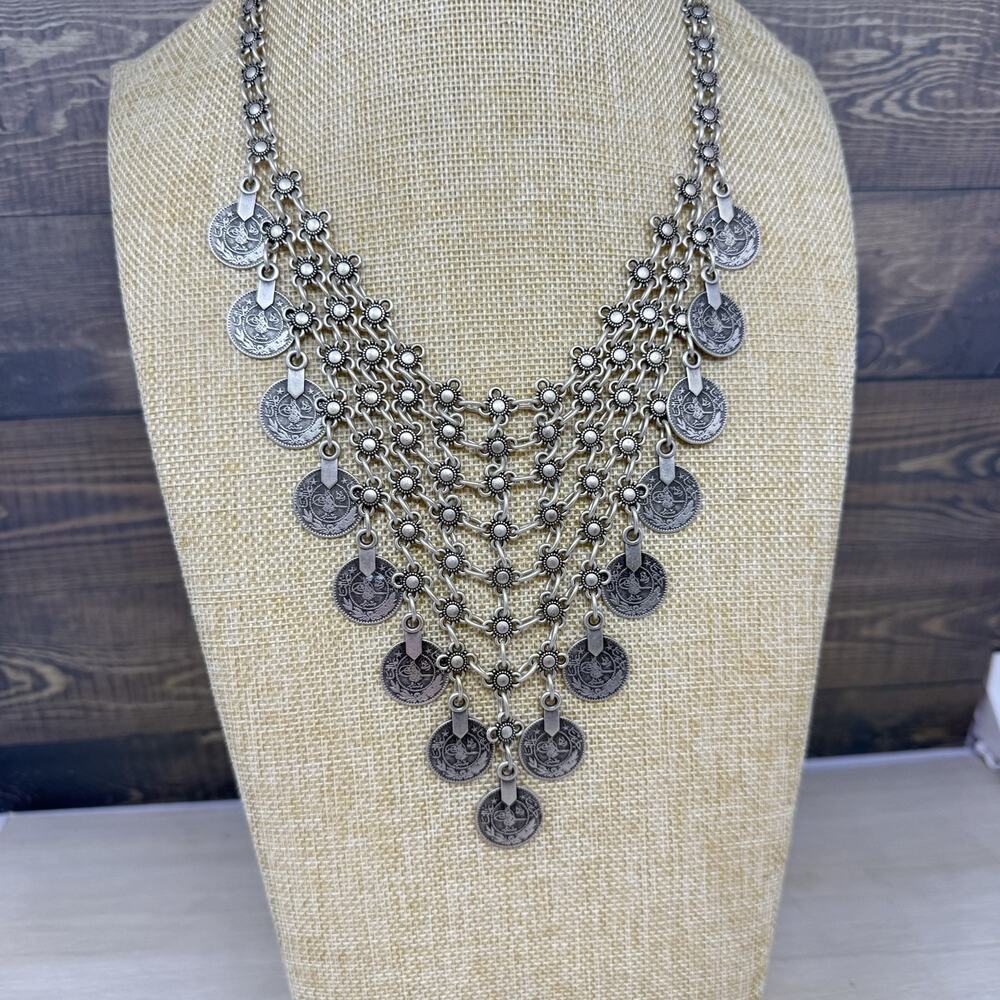 Vintage Boho Ottoman Coin Charm Net Silver Tone Statement Bib Necklace
